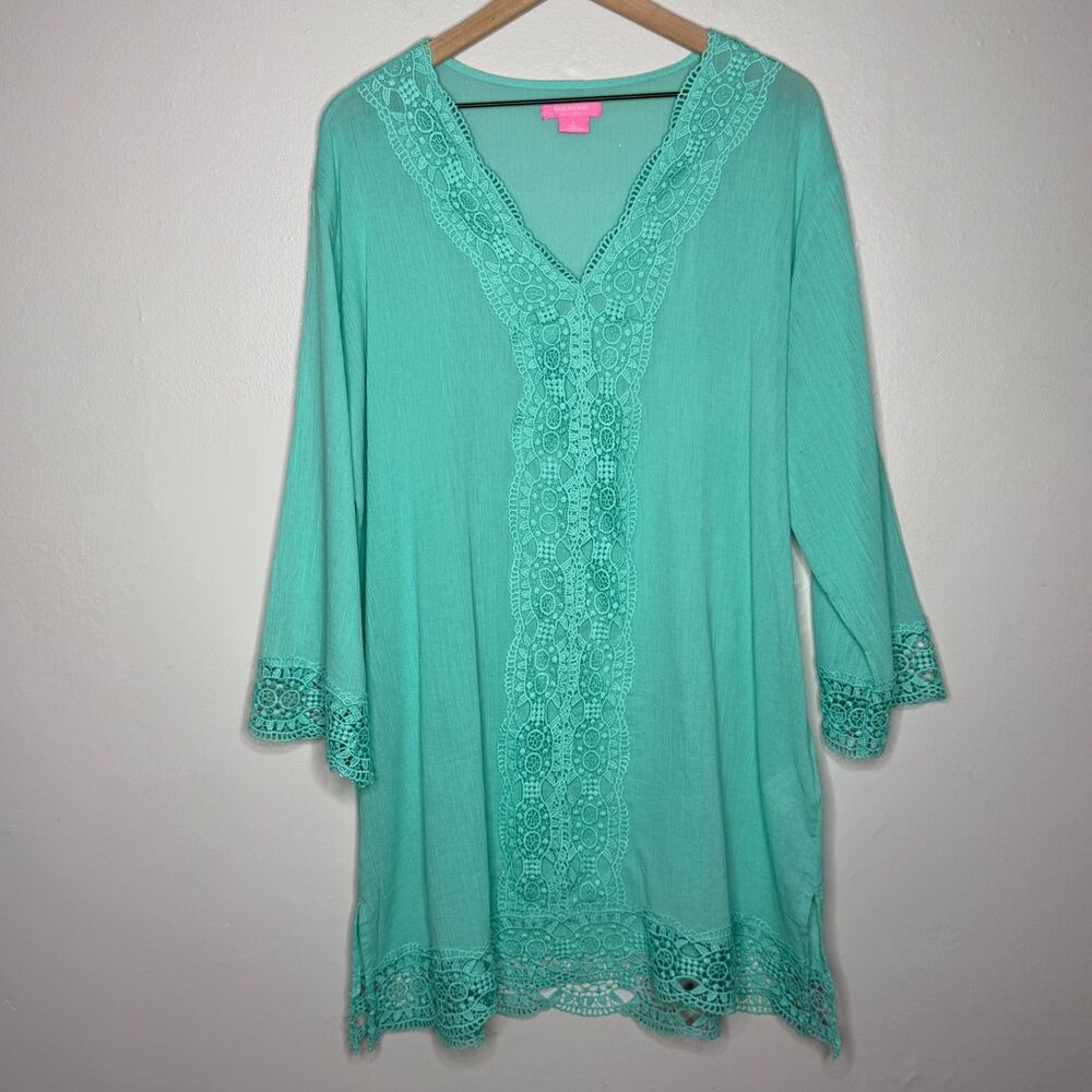 Isaac Mizrahi Womens‎ Swim Cover Up Shirt Large Blue Aqua Lace Vacation Resort